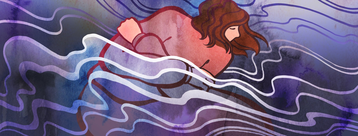 A woman hunches over as dark waves wash over her