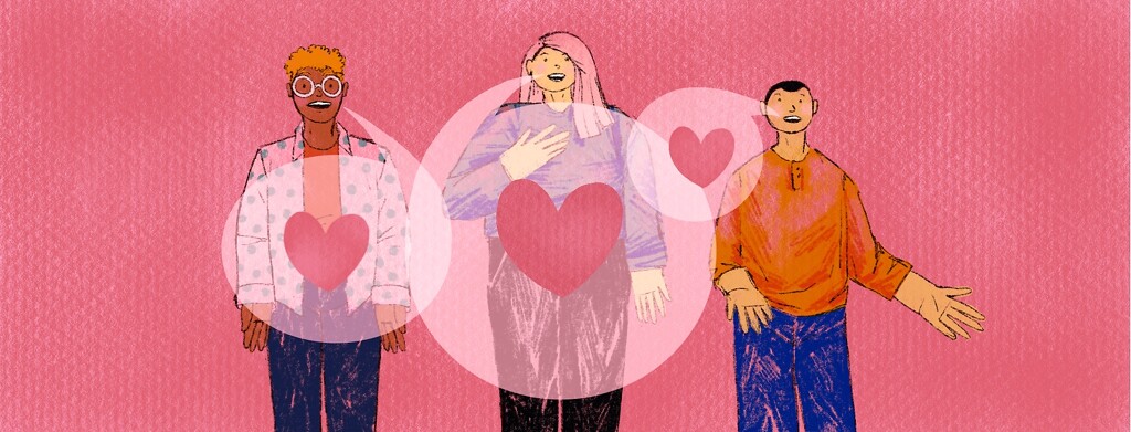 Three people speaking out are connected by overlapping speech bubbles with hearts in them