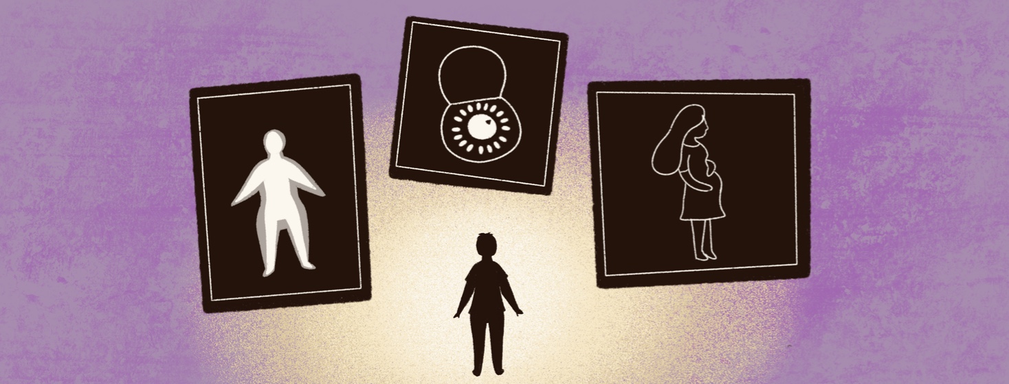 A woman looks up to see her cancer risk factors shown as a pregnant woman, birth control, and a body scan showing an overweight person