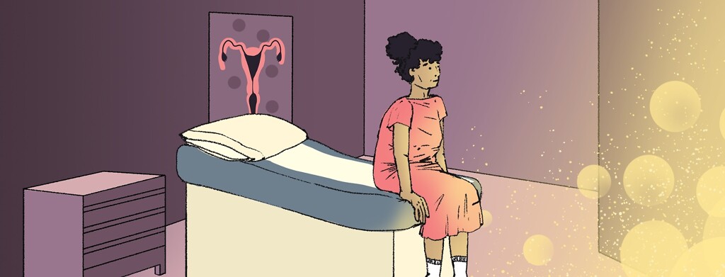 A woman in a hospital gown nervously sits on the edge of a bed in a gynecologist office