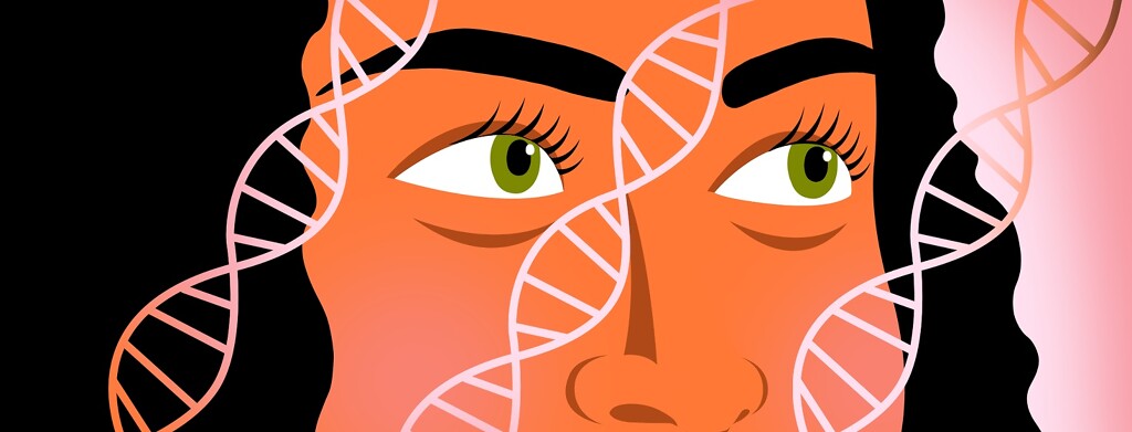A woman looks at DNA strands passing over her face.