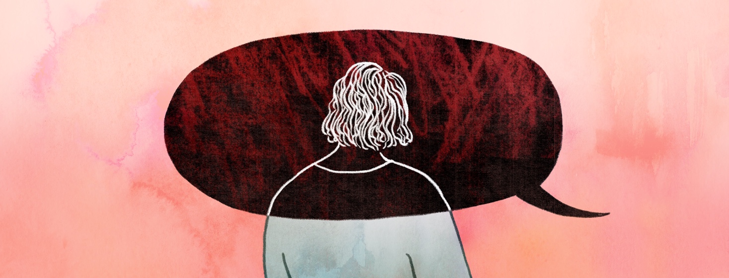 A woman's head and shoulders are overlapped by a giant dark speech bubble bearing bad news, totally overwhelming the peaceful colors of the rest of her surroundings