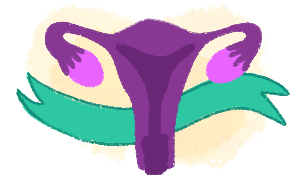 a uterus and ovaries with a teal ribbon behind it
