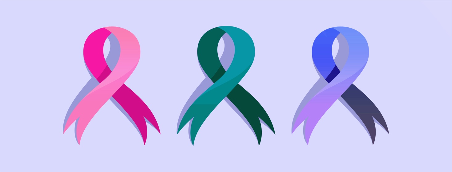 A prostate cancer awareness ribbon, breast cancer awareness ribbon and Ovarian cancer awareness ribbon tie into each other.