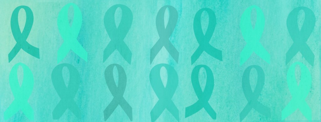A repeating pattern of teal ribbons