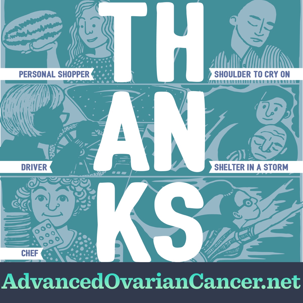Image saying thank you and showing caregivers helping with driving, shopping, cooking, and comforting