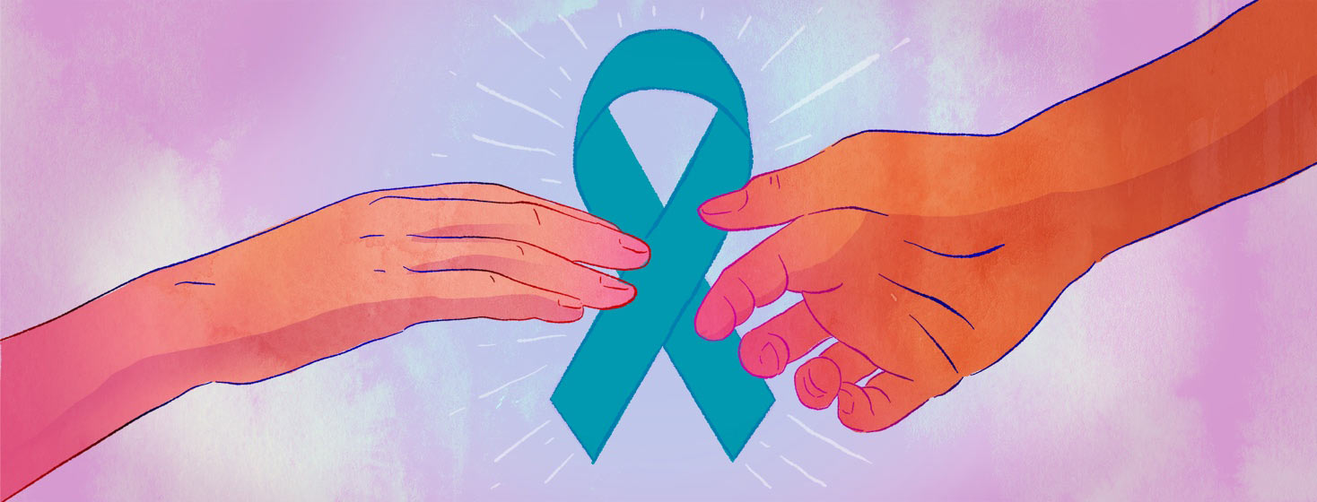 Two hands reach out for each other with a cancer ribbon in the background,