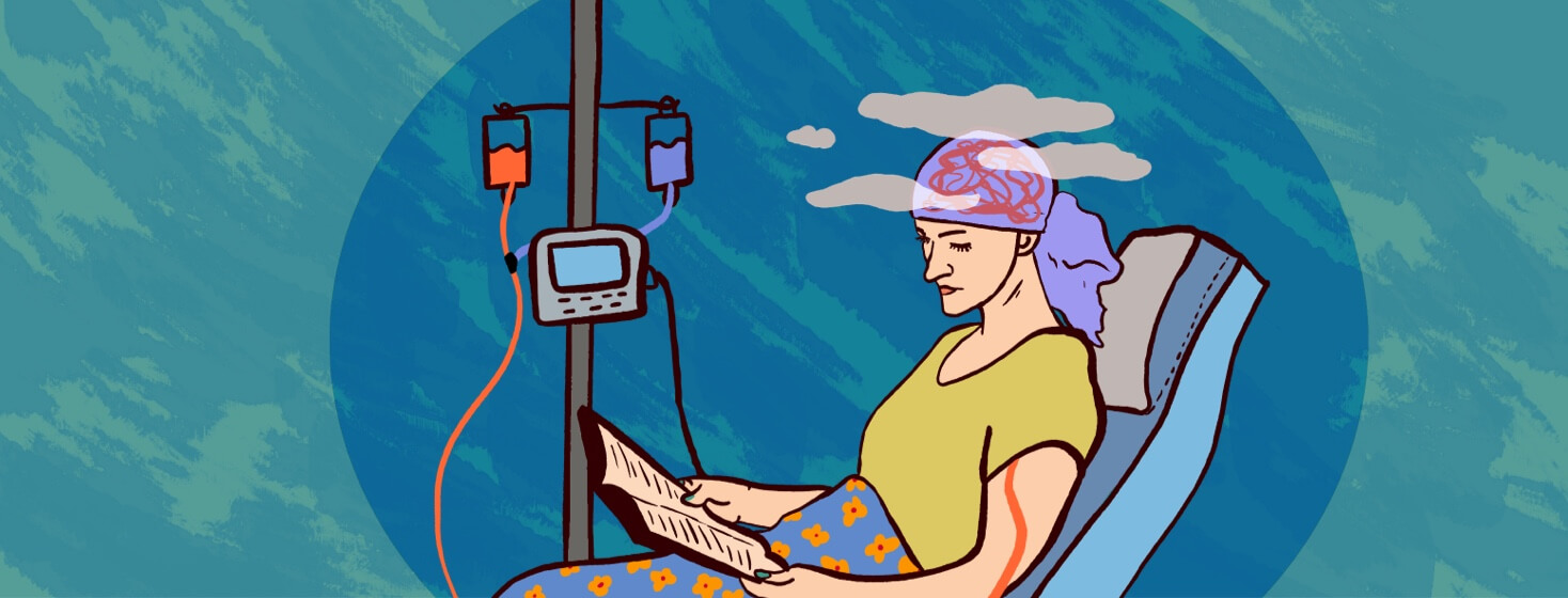 Adult woman sitting receiving chemo treatment while having clouds and confusion near her head, Chemo brain, treatment