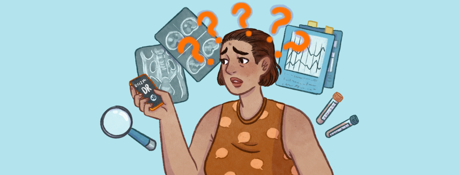 A woman talks to her doctor on an smartphone on speaker, question marks are above her head, various tests are behind her such as MRI, Blood tests, charts, and a magnifying glass