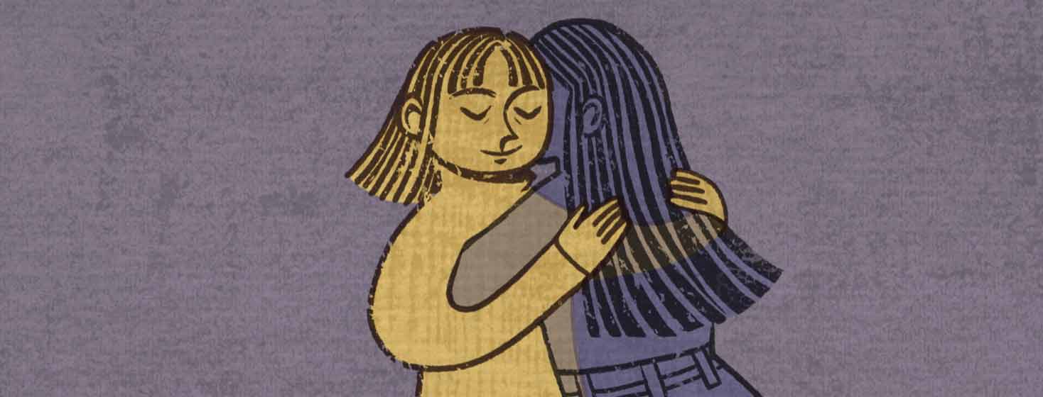 Two adult females affectionately hugging. The person facing away from the viewer is semi transparent representing their passing. Friendship, grief, memories, coping