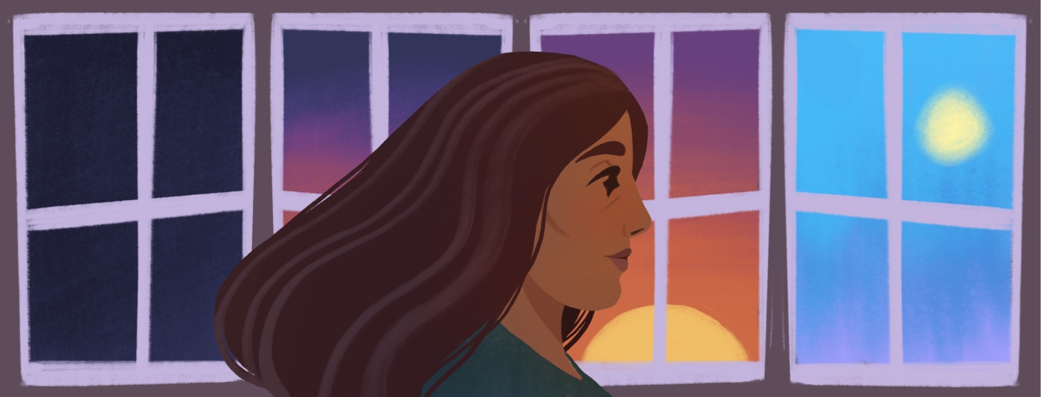 A woman looks ahead with a calm expression. Behind her there are windows showing the passage of time through a sunrise.
