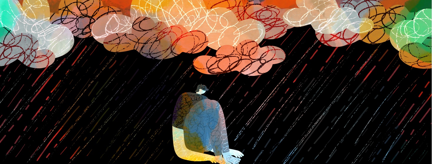 A person slumps in a seated position as rainclouds rain down on them