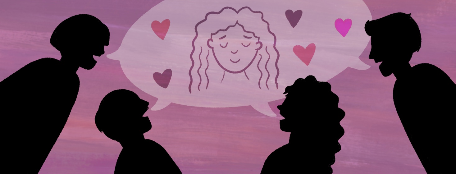 Silhouettes of people all talk fondly about a woman