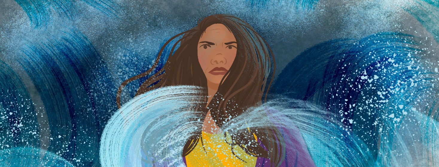 A woman stands determined, powerful amid crashing oceanic waves in a storm.