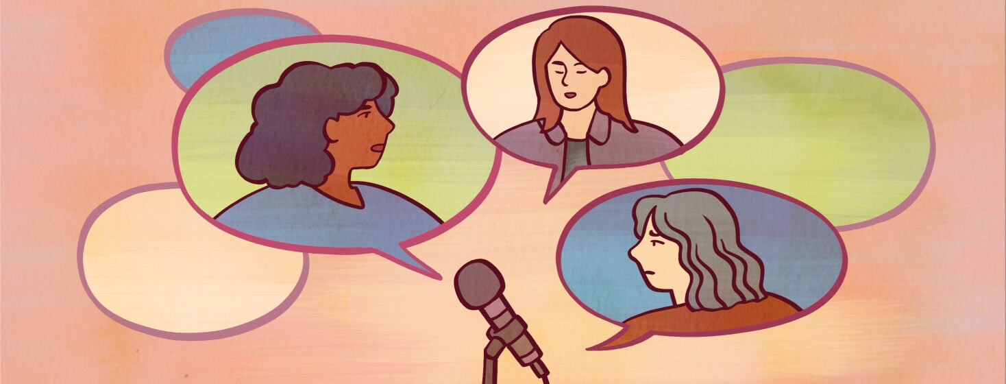 Women's portraits appear in speech bubbles emerging from a microphone. Adult female, voices,