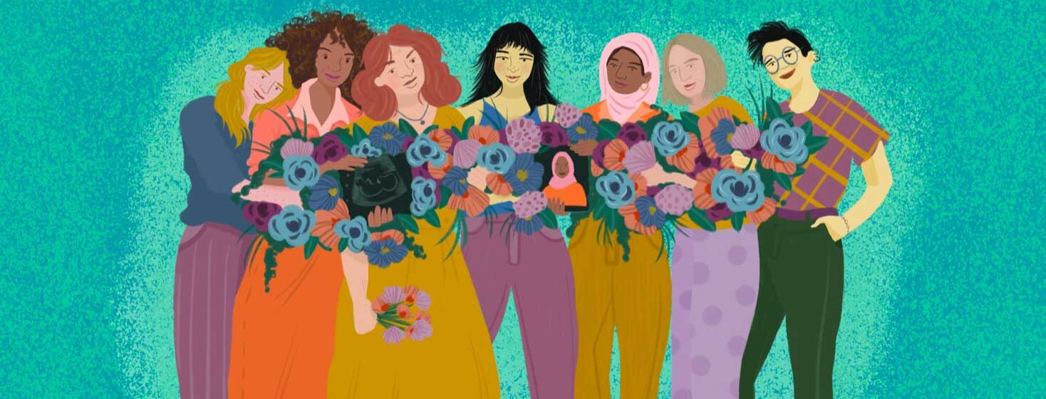 Group of diverse women hold bouquet, sonogram, and portrait together.