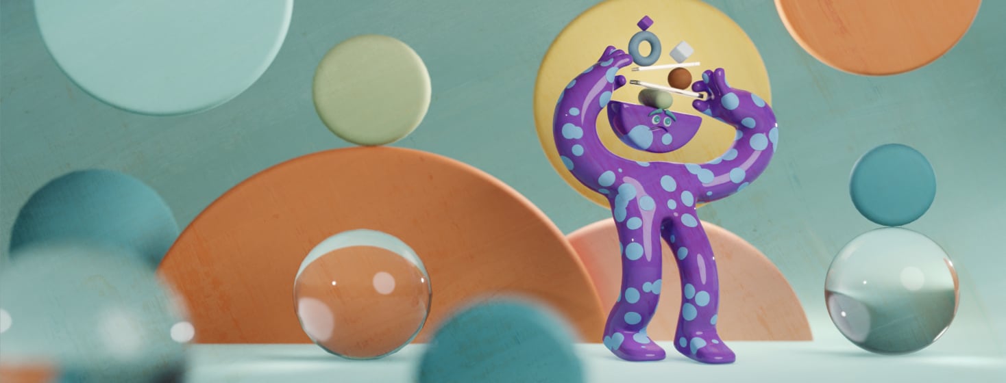 A purple and blue polka-dotted human-like figure with a half circle head balanced a bunch of cubes, circles, and plates on its head. There are balanced balls and disks surrounding the figure.