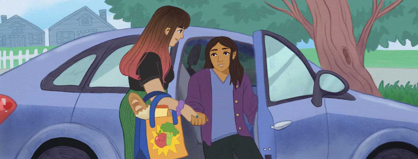 Adult female helping adult female with getting out of the car and groceries. POC, latinx.