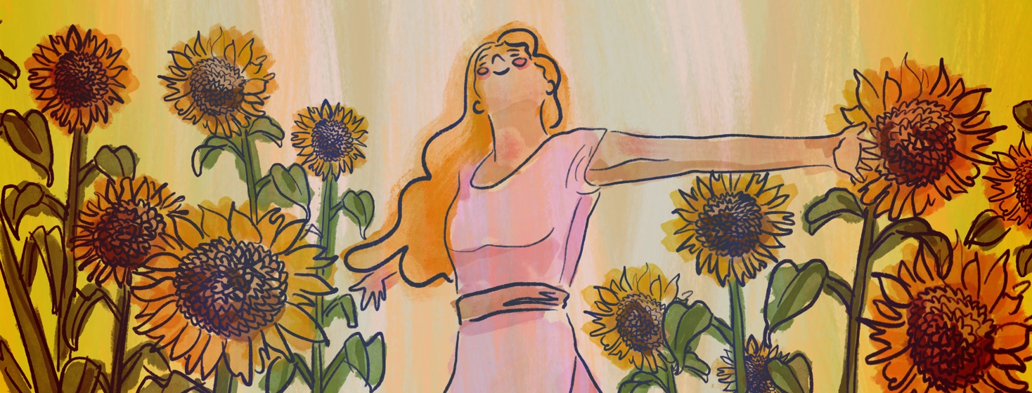 A woman looks up to the sun, arms outstretched, in a field of sunflowers.