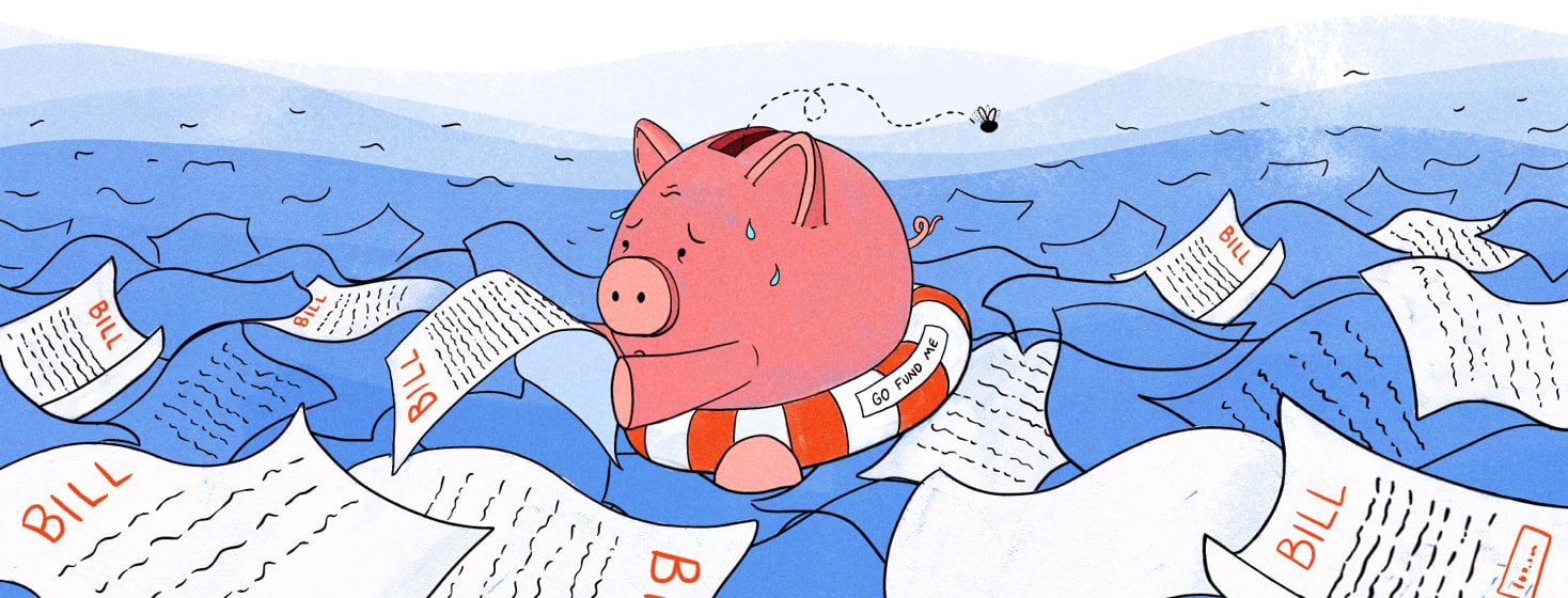 Piggy bank sitting in a life raft in the middle of a paper ocean holding a paper bill