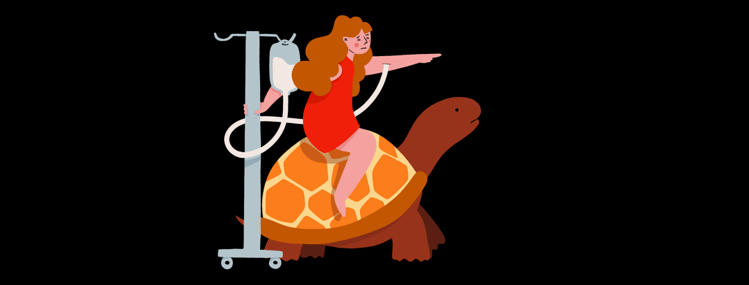 A girl sits atop a slow moving turtle, holding her IV stand as it wheels behind her, pointing hastily forward.