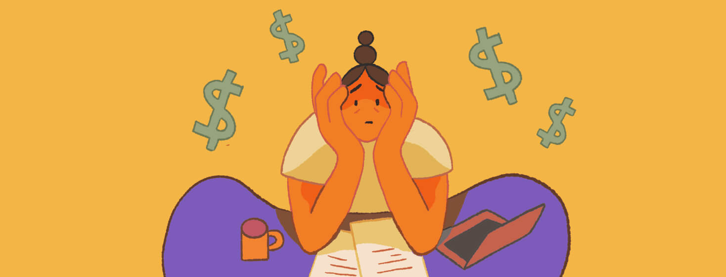 A worried woman sits at a desk with dollar signs floating above her head, money, finances, afford, cost