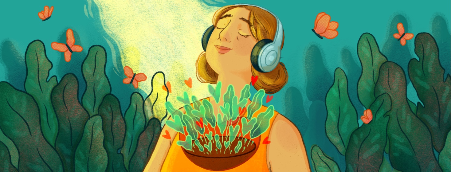 A woman with headphones on surrounded by leaves and butterflies, the sun is shining on her face and a heart shaped garden grows on her chest