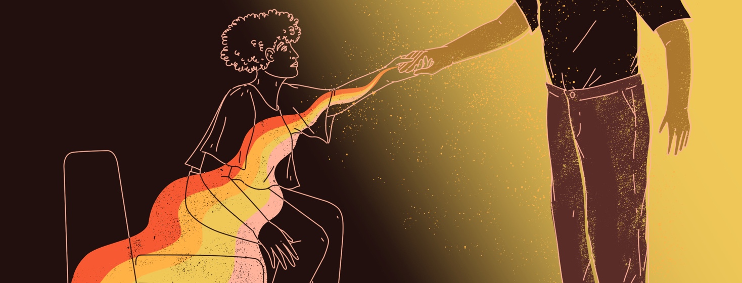 A woman only shown in outline against a dark background is helped up from a seated position by a person offering her a hand. The hand also gives off a glow that fills the woman with positive light