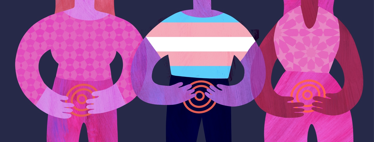 A trans man standing between two women, all experiencing pelvic pain