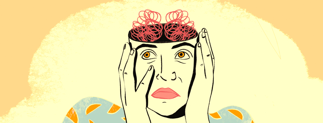 A worried woman holds her face as her brain swirls around