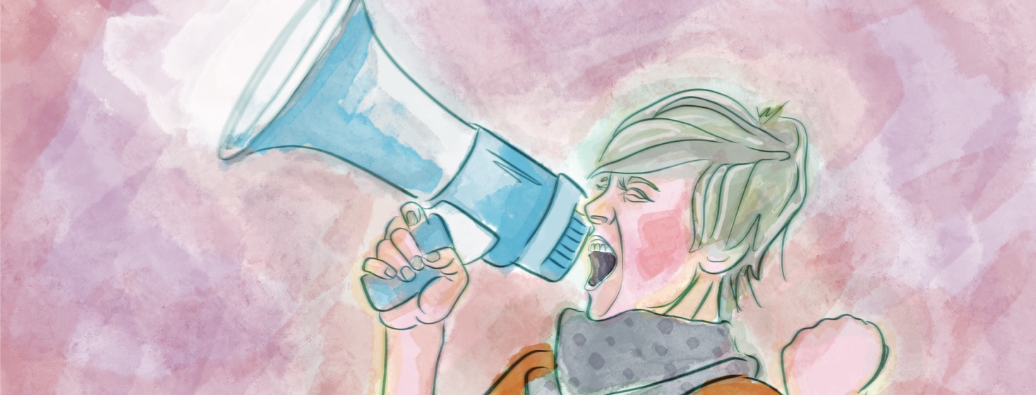 A grey-haired woman with short hair yells into a bullhorn